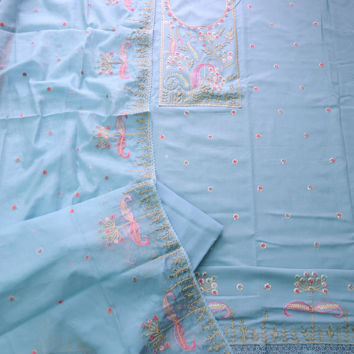 Dharashi Powder Blue Thread Embroidered Neck Work with Sequine Cotton Suit Set