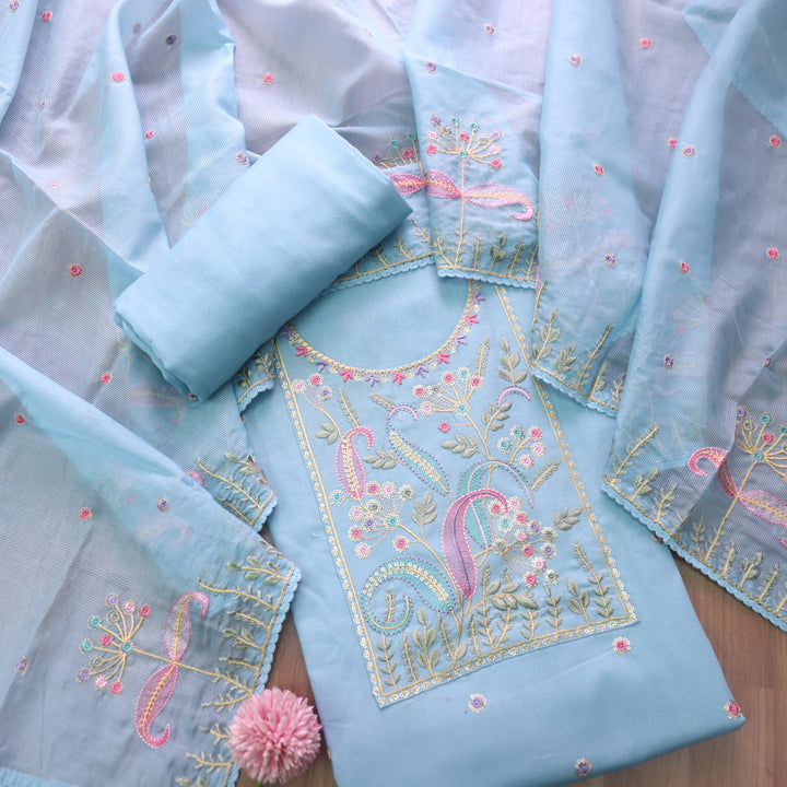 Dharashi Powder Blue Thread Embroidered Neck Work with Sequine Cotton Suit Set