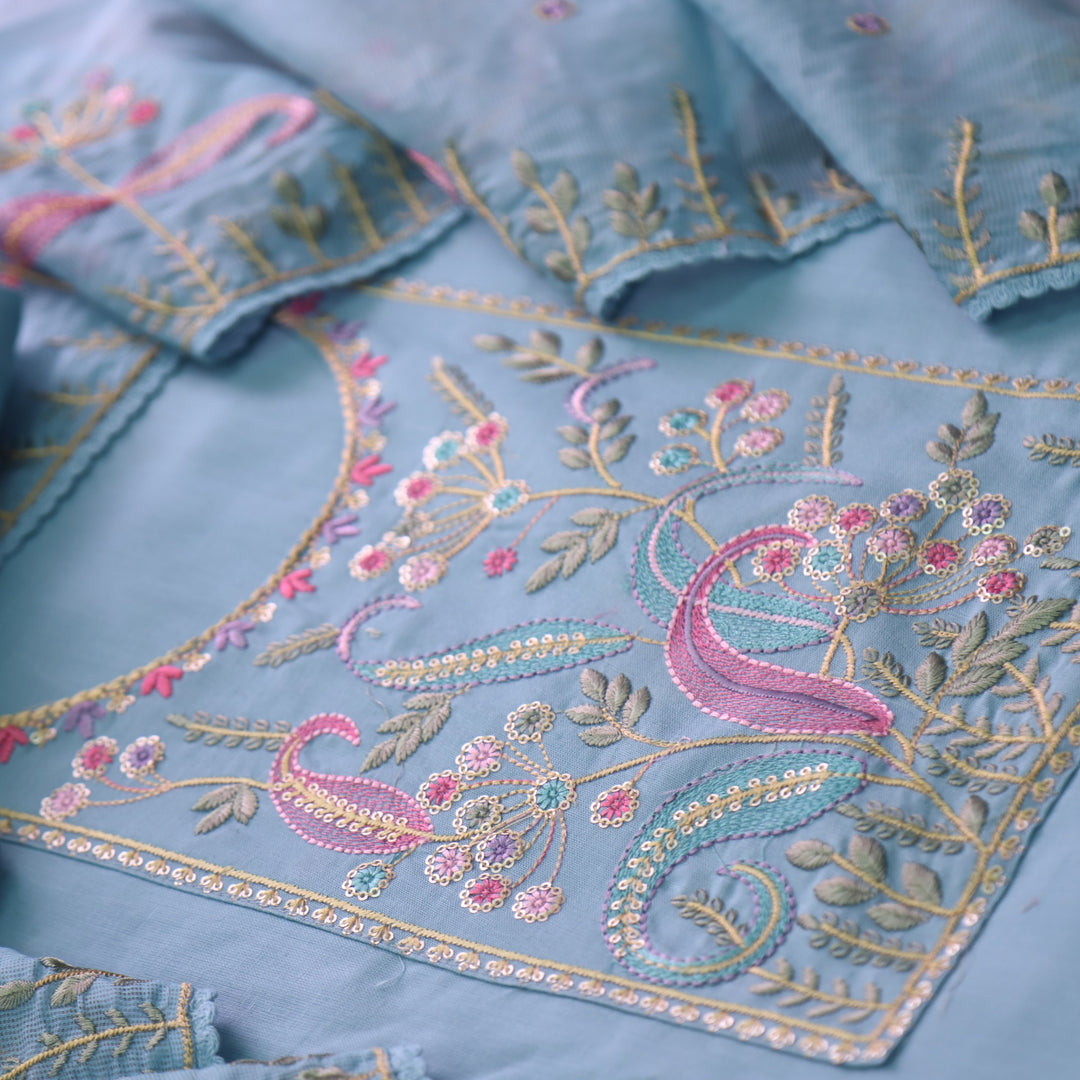 Dharashi Powder Blue Thread Embroidered Neck Work with Sequine Cotton Suit Set