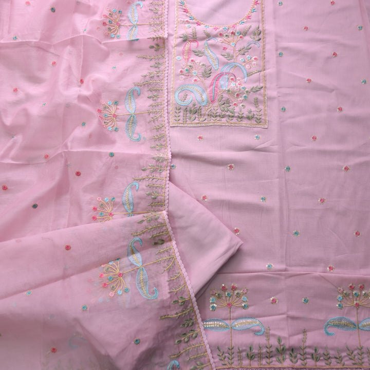 Dharashi Mauve Pink Thread Embroidered Neck Work with Sequine Cotton Suit Set