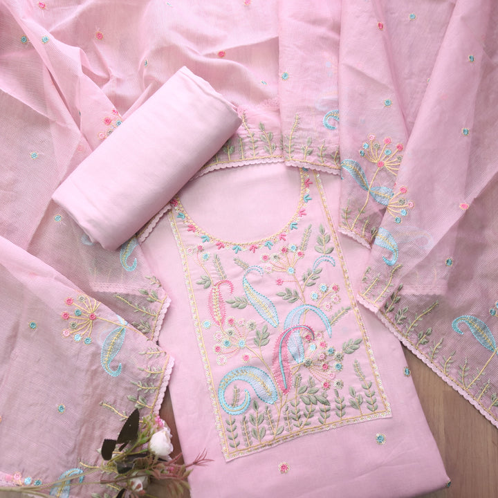 Dharashi Mauve Pink Thread Embroidered Neck Work with Sequine Cotton Suit Set