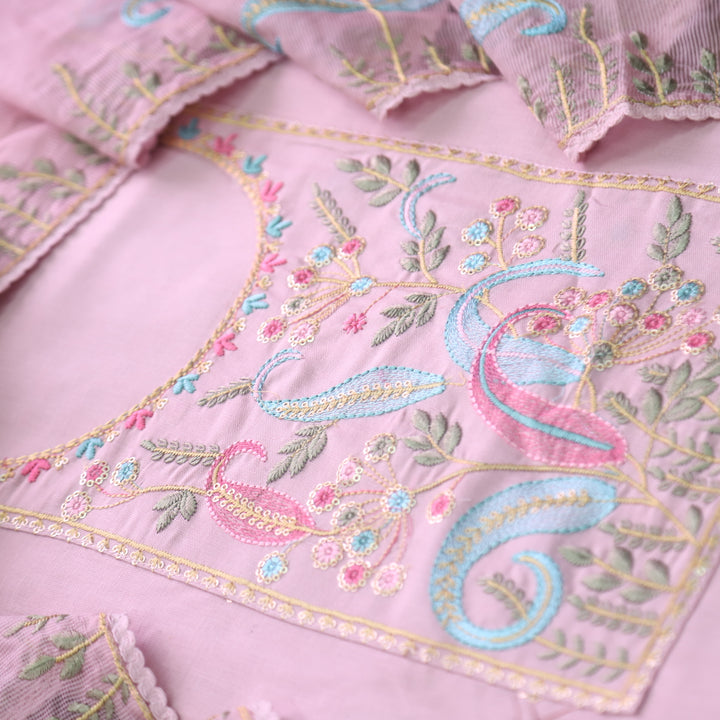 Dharashi Mauve Pink Thread Embroidered Neck Work with Sequine Cotton Suit Set