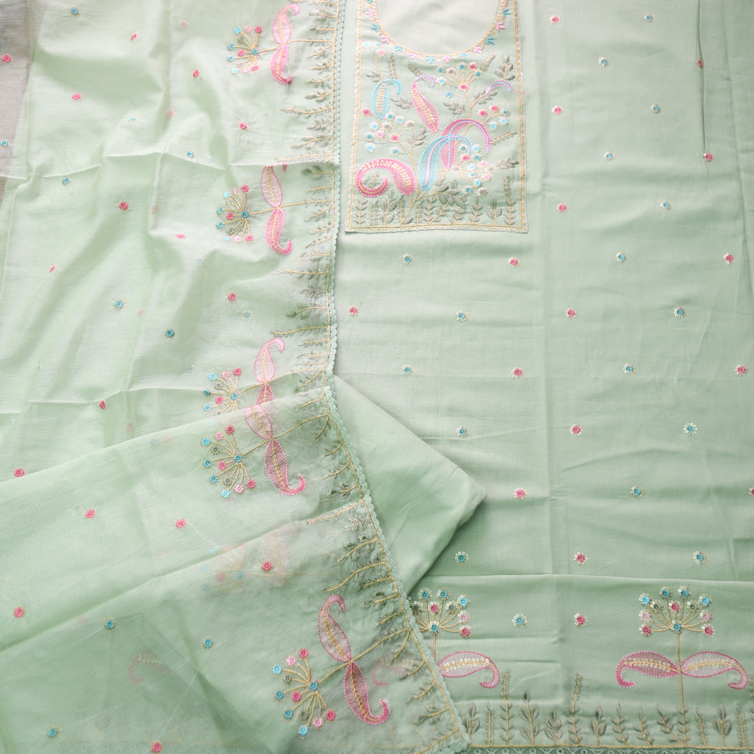 Dharashi Minty Green Thread Embroidered Neck Work with Sequine Cotton Suit Set