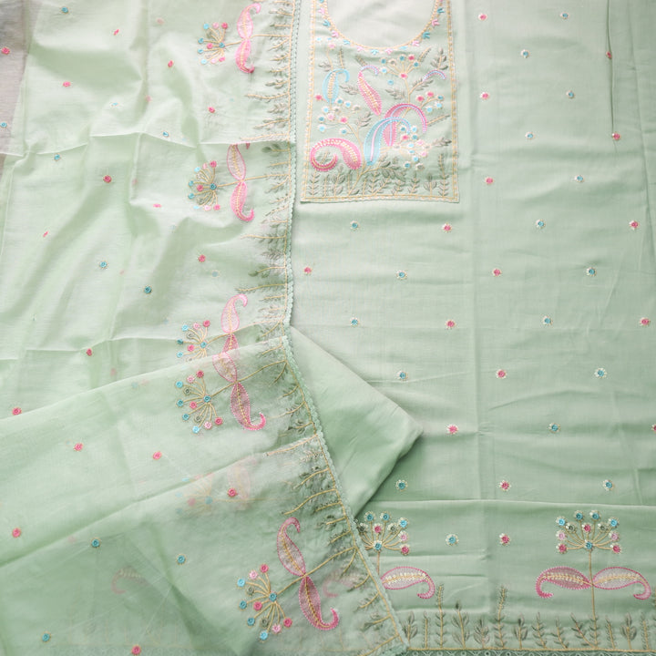 Dharashi Minty Green Thread Embroidered Neck Work with Sequine Cotton Suit Set