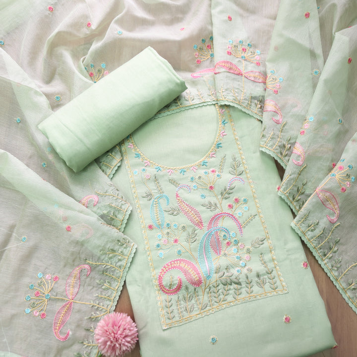 Dharashi Minty Green Thread Embroidered Neck Work with Sequine Cotton Suit Set