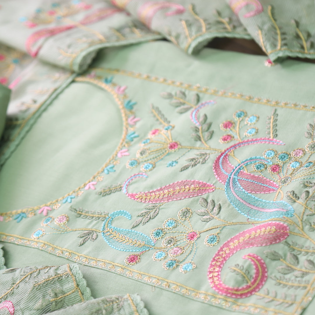 Dharashi Minty Green Thread Embroidered Neck Work with Sequine Cotton Suit Set