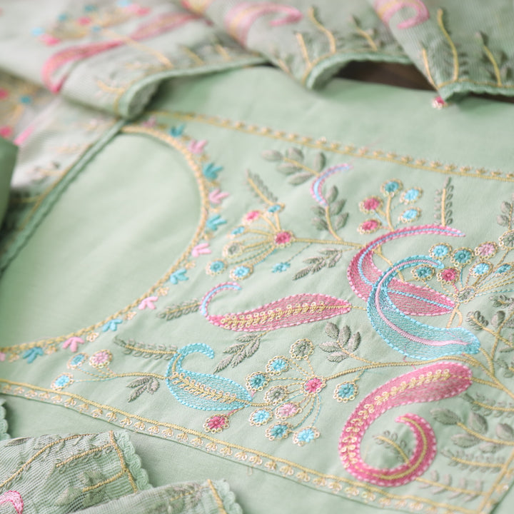 Dharashi Minty Green Thread Embroidered Neck Work with Sequine Cotton Suit Set