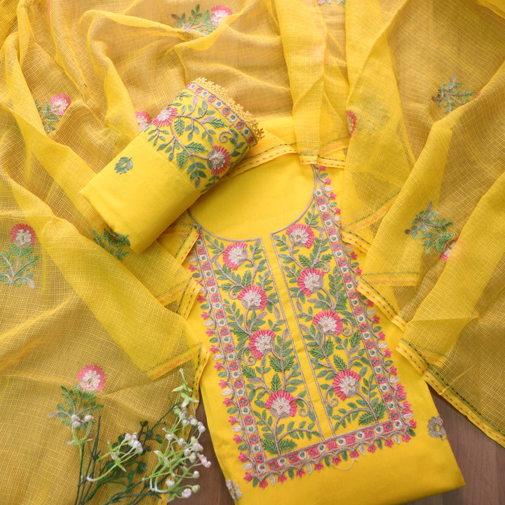 Sundari Sunflower Yellow Floral Aari Work Neck Cotton Linen Suit Set