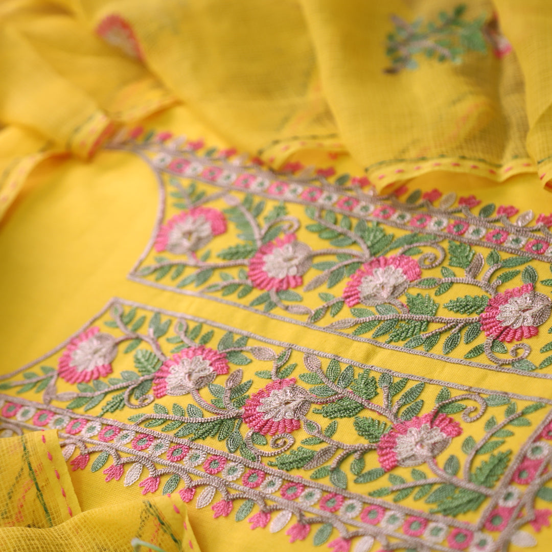 Sundari Sunflower Yellow Floral Aari Work Neck Cotton Linen Suit Set
