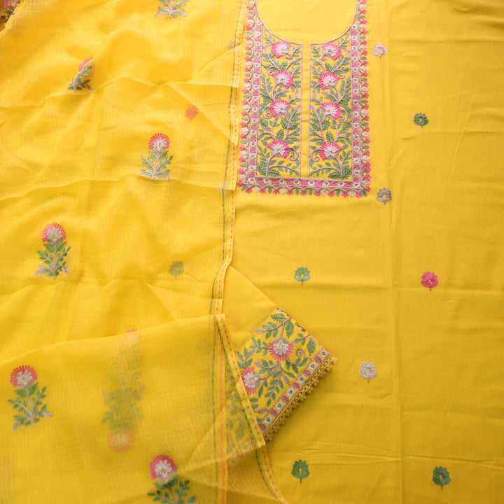 Sundari Sunflower Yellow Floral Aari Work Neck Cotton Linen Suit Set