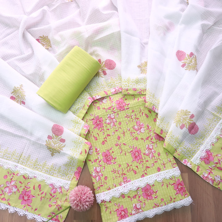 Aafreen Lemon Green  Pintuck Work in Floral Printed with Lace Hem Cotton Set