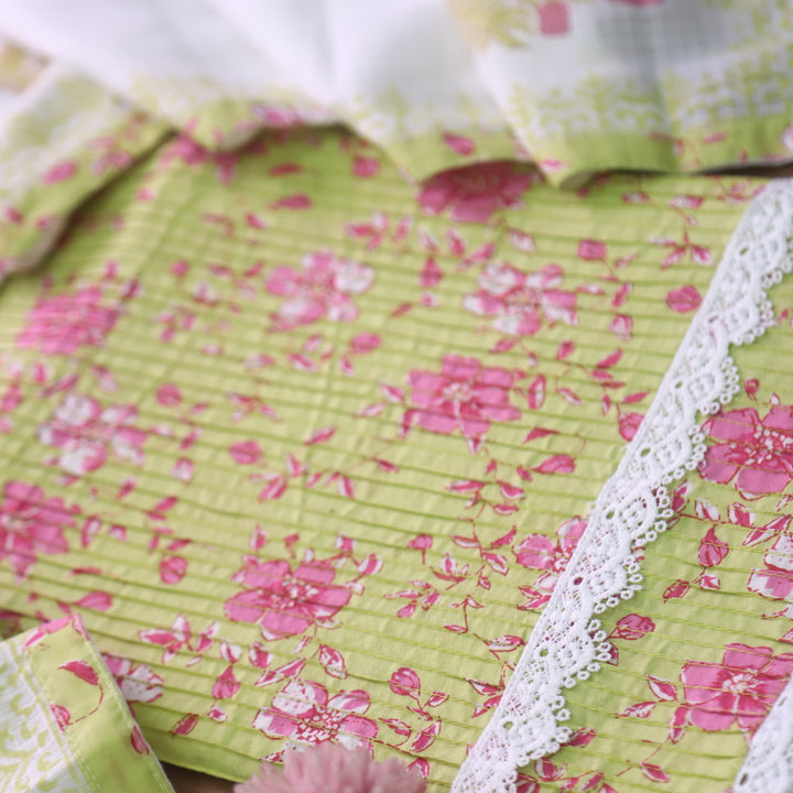 Aafreen Lemon Green  Pintuck Work in Floral Printed with Lace Hem Cotton Set