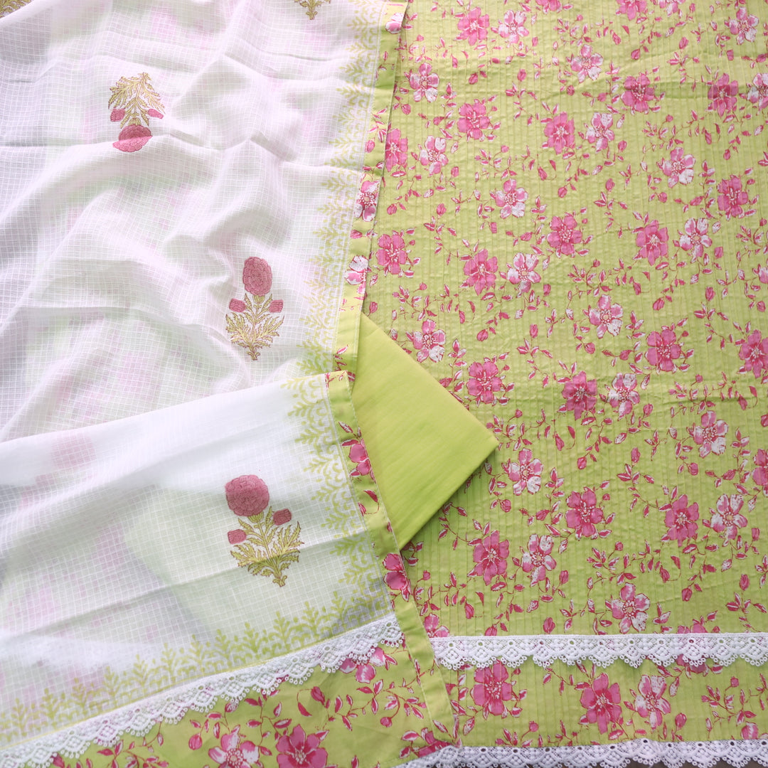 Aafreen Lemon Green  Pintuck Work in Floral Printed with Lace Hem Cotton Set