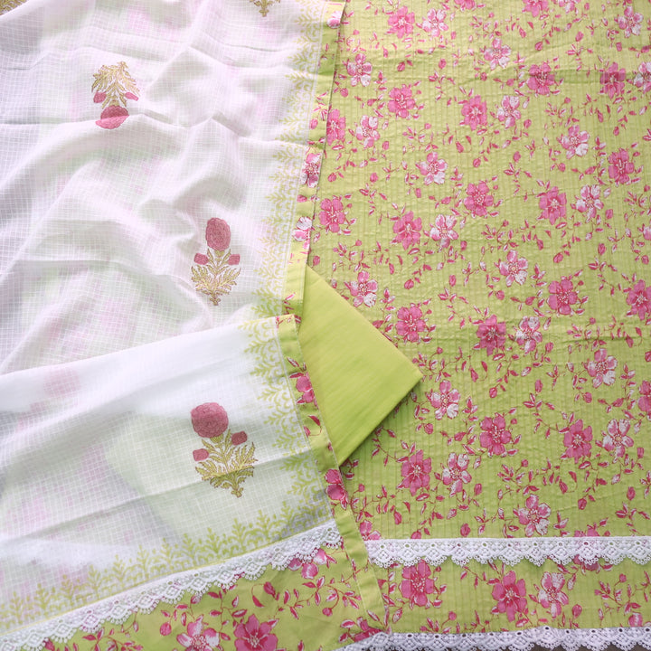 Aafreen Lemon Green  Pintuck Work in Floral Printed with Lace Hem Cotton Set