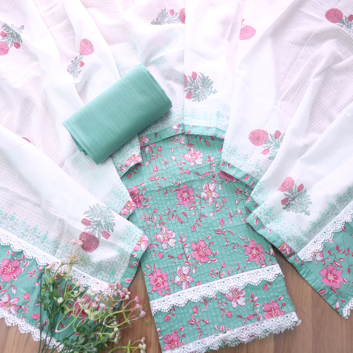 Aafreen Castle Sage Pintuck Work in Floral Printed with Lace Hem Cotton Set
