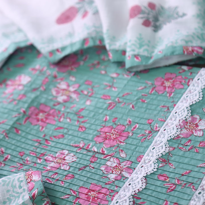 Aafreen Castle Sage Pintuck Work in Floral Printed with Lace Hem Cotton Set