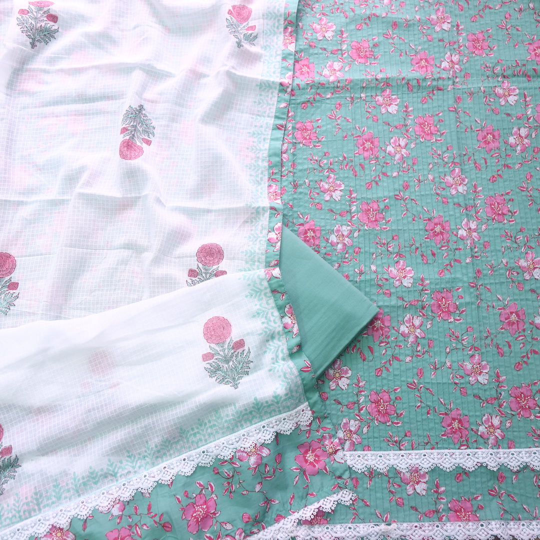 Aafreen Castle Sage Pintuck Work in Floral Printed with Lace Hem Cotton Set