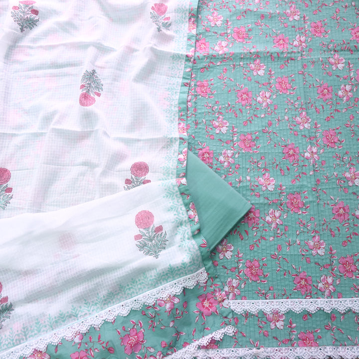 Aafreen Castle Sage Pintuck Work in Floral Printed with Lace Hem Cotton Set