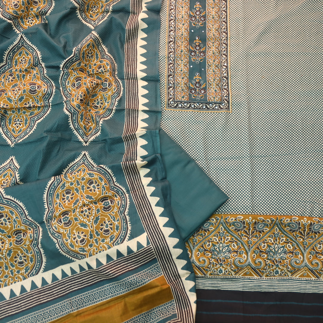 Jhilmil Cerulean Teal Floral Patch Print with Patra and Knot Work Jam Cotton Set