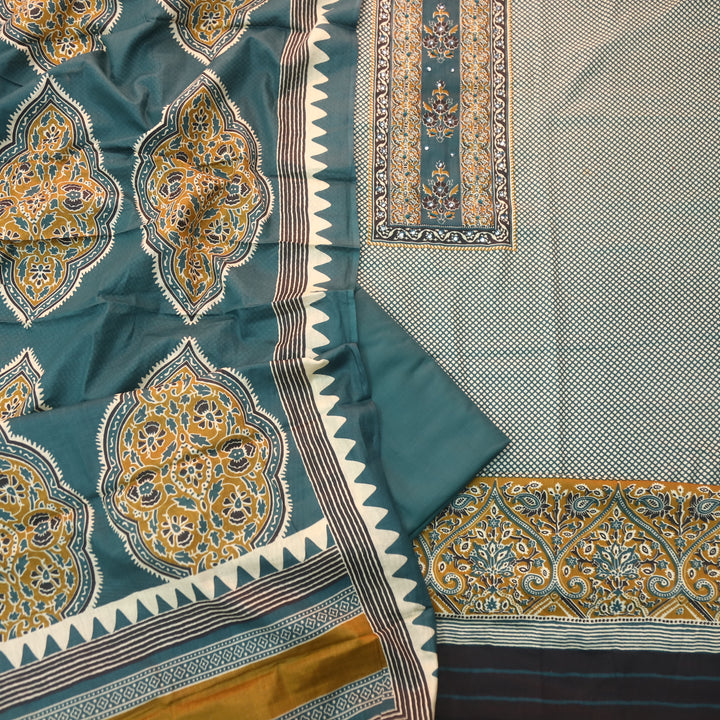 Jhilmil Cerulean Teal Floral Patch Print with Patra and Knot Work Jam Cotton Set