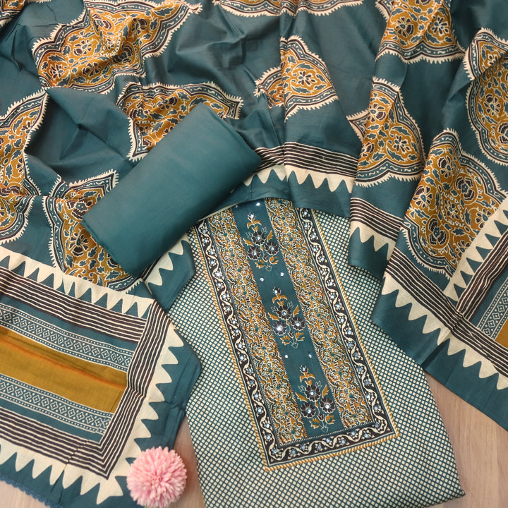 Jhilmil Cerulean Teal Floral Patch Print with Patra and Knot Work Jam Cotton Set