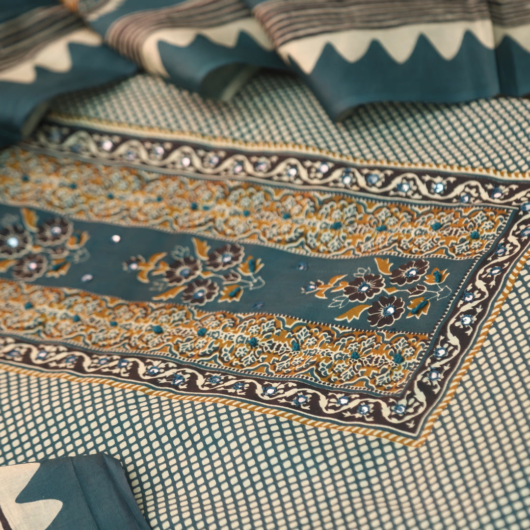 Jhilmil Cerulean Teal Floral Patch Print with Patra and Knot Work Jam Cotton Set
