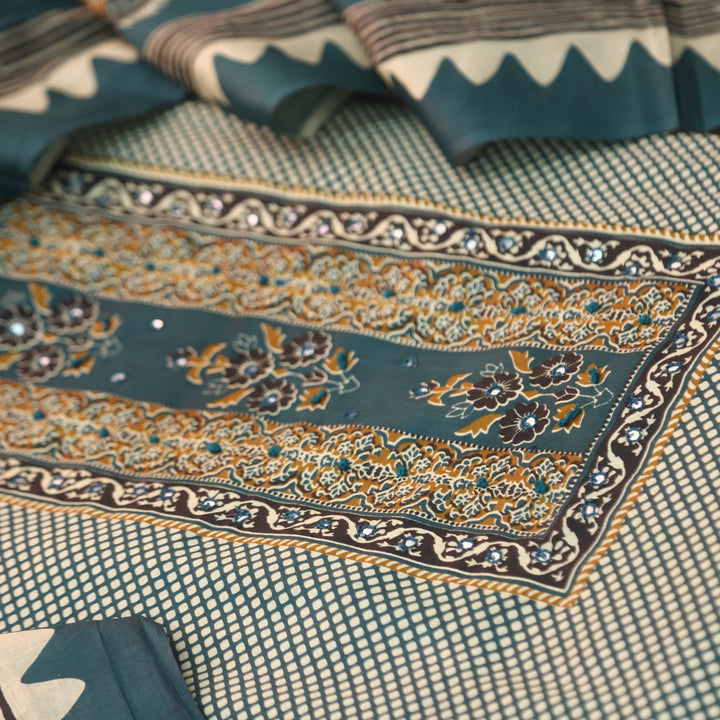 Jhilmil Cerulean Teal Floral Patch Print with Patra and Knot Work Jam Cotton Set
