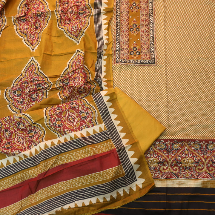 Jhilmil Dijon Yellow Floral Patch Print with Patra and Knot Work Jam Cotton Set