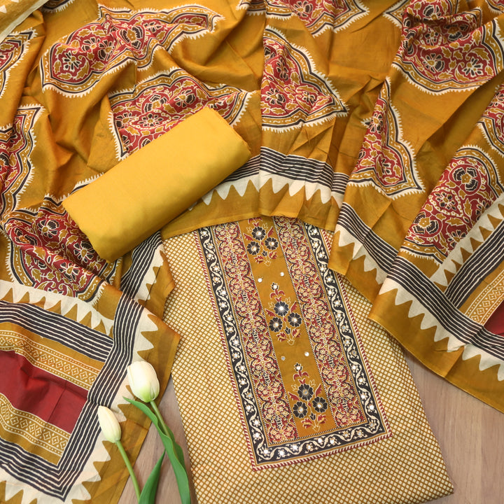 Jhilmil Dijon Yellow Floral Patch Print with Patra and Knot Work Jam Cotton Set