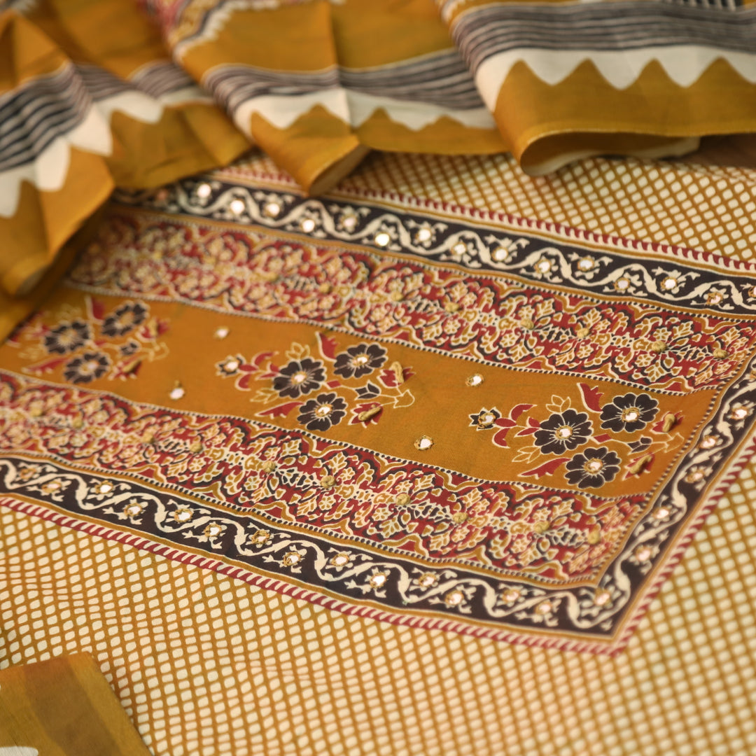 Jhilmil Dijon Yellow Floral Patch Print with Patra and Knot Work Jam Cotton Set