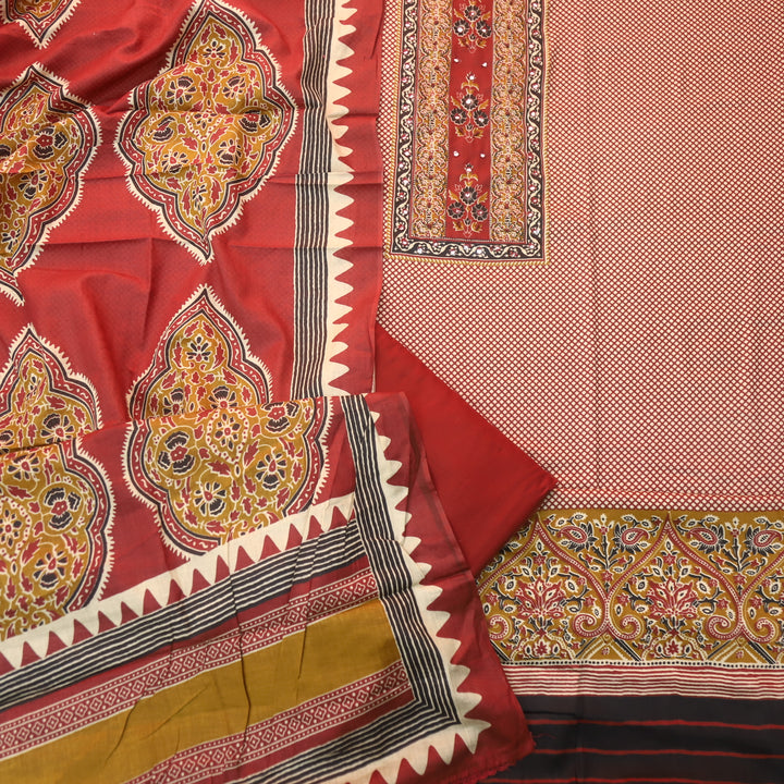 Jhilmil Berry Red Floral Patch Print with Patra and Knot Work Jam Cotton Set