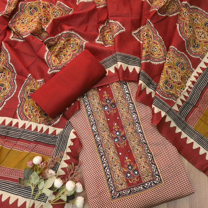 Jhilmil Berry Red Floral Patch Print with Patra and Knot Work Jam Cotton Set