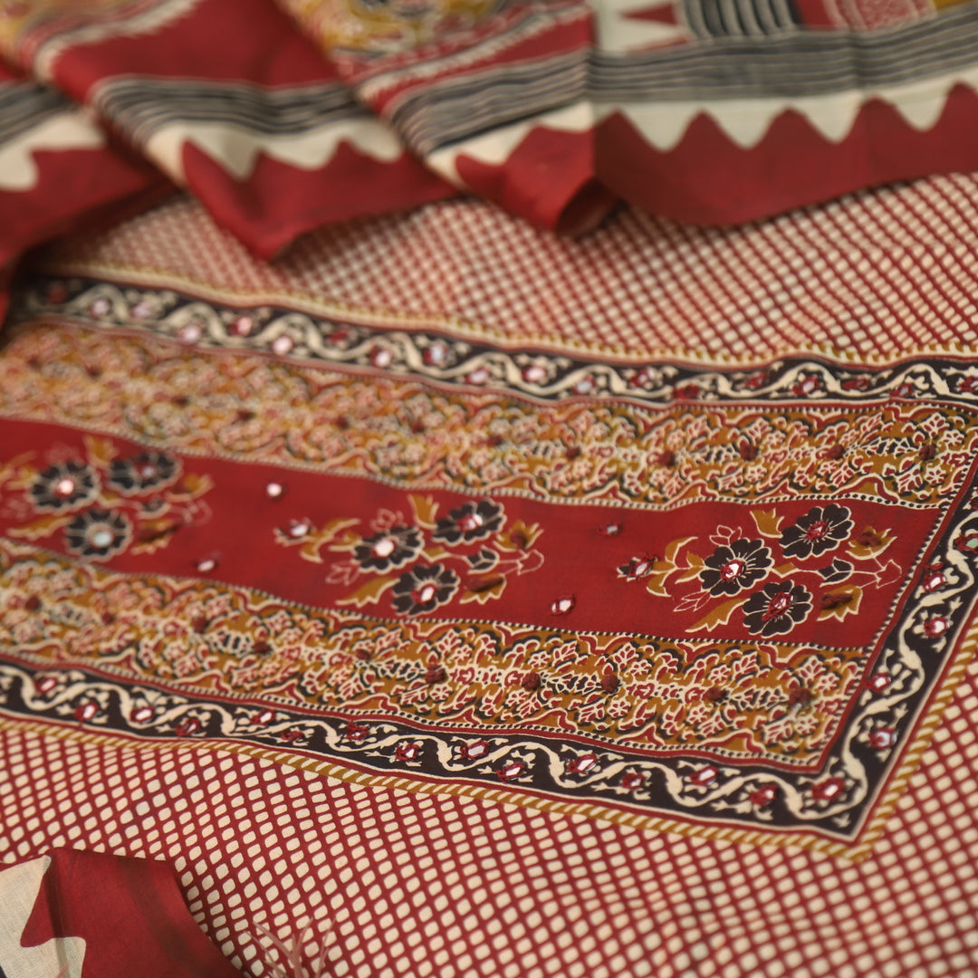 Jhilmil Berry Red Floral Patch Print with Patra and Knot Work Jam Cotton Set