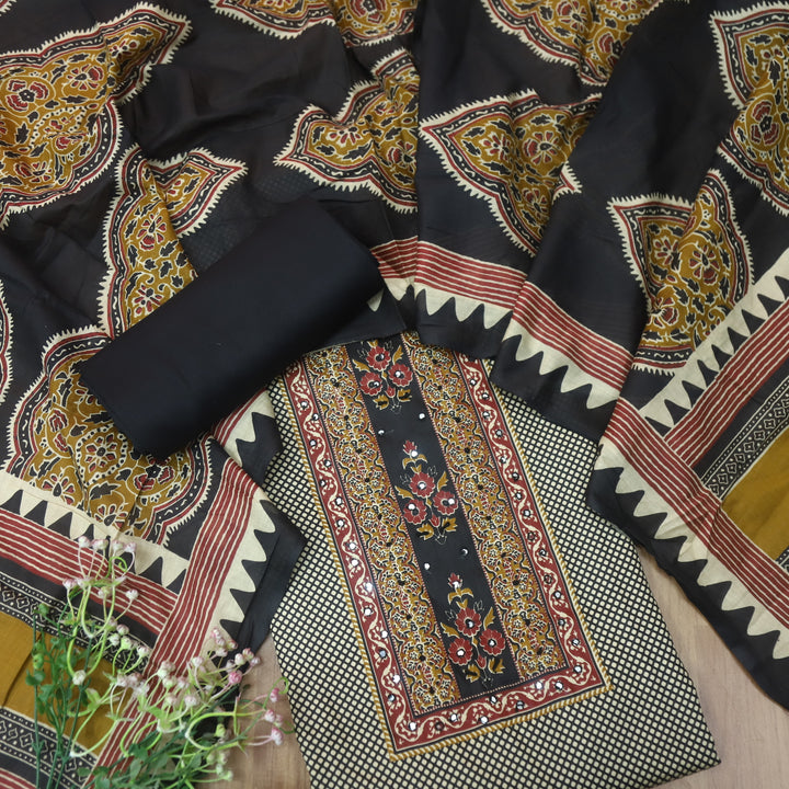 Jhilmil Midnight Black Floral Patch Print with Patra and Knot Work Jam Cotton Set