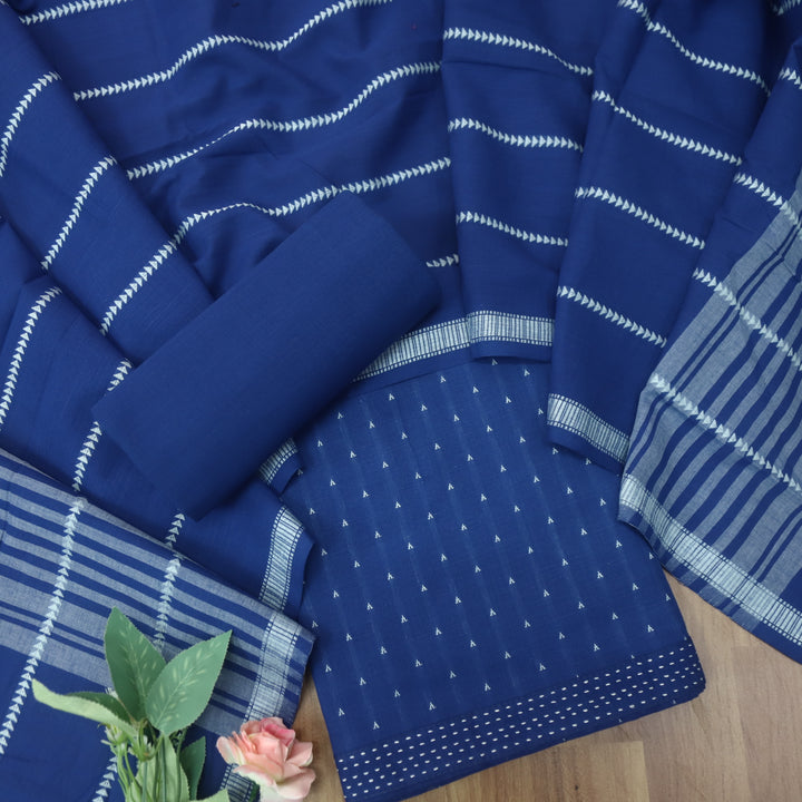 Reshmi Dark Denim Blue All Over Thread Weaved Handloom Cotton Suit Set