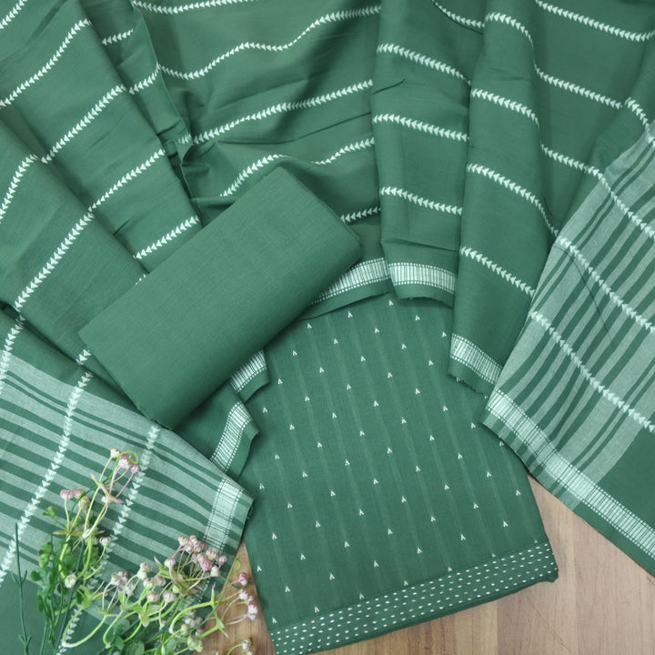 Reshmi Olive Sage Green All Over Thread Weaved Handloom Cotton Suit Set