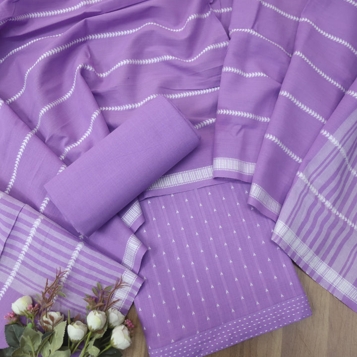 Reshmi Pale Pastel Lilac All Over Thread Weaved Handloom Cotton Suit Set