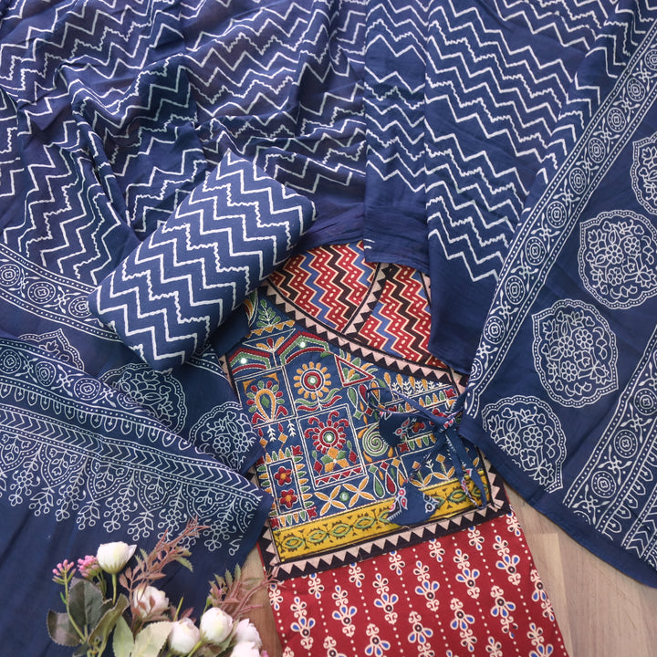 Sajjni Berry Red Angrakha Neck with Kutch Work Ajrak Print Cotton Suit Set