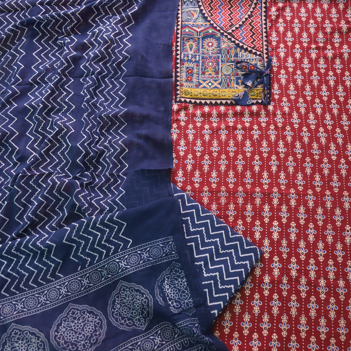 Sajjni Berry Red Angrakha Neck with Kutch Work Ajrak Print Cotton Suit Set