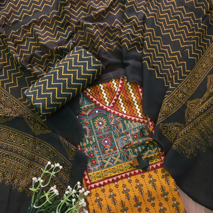 Sajjni Dijon Yellow Angrakha Neck with Kutch Work Ajrak Print Cotton Suit Set