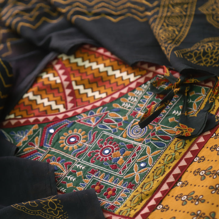 Sajjni Dijon Yellow Angrakha Neck with Kutch Work Ajrak Print Cotton Suit Set