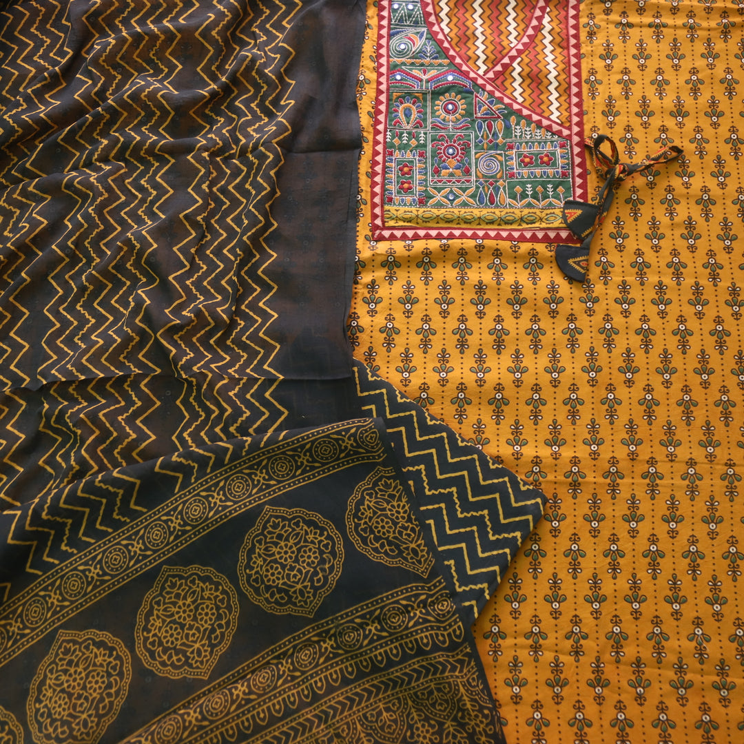 Sajjni Dijon Yellow Angrakha Neck with Kutch Work Ajrak Print Cotton Suit Set