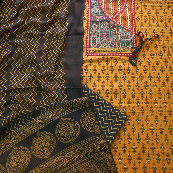 Sajjni Dijon Yellow Angrakha Neck with Kutch Work Ajrak Print Cotton Suit Set