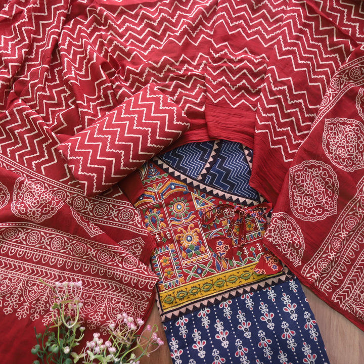 Sajjni Cobalt Blue Angrakha Neck with Kutch Work Ajrak Print Cotton Suit Set