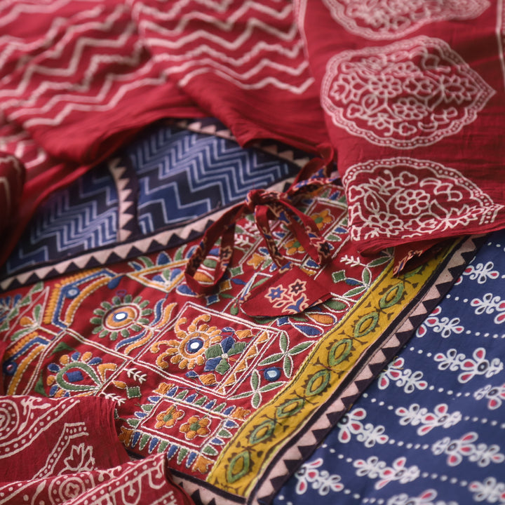 Sajjni Cobalt Blue Angrakha Neck with Kutch Work Ajrak Print Cotton Suit Set