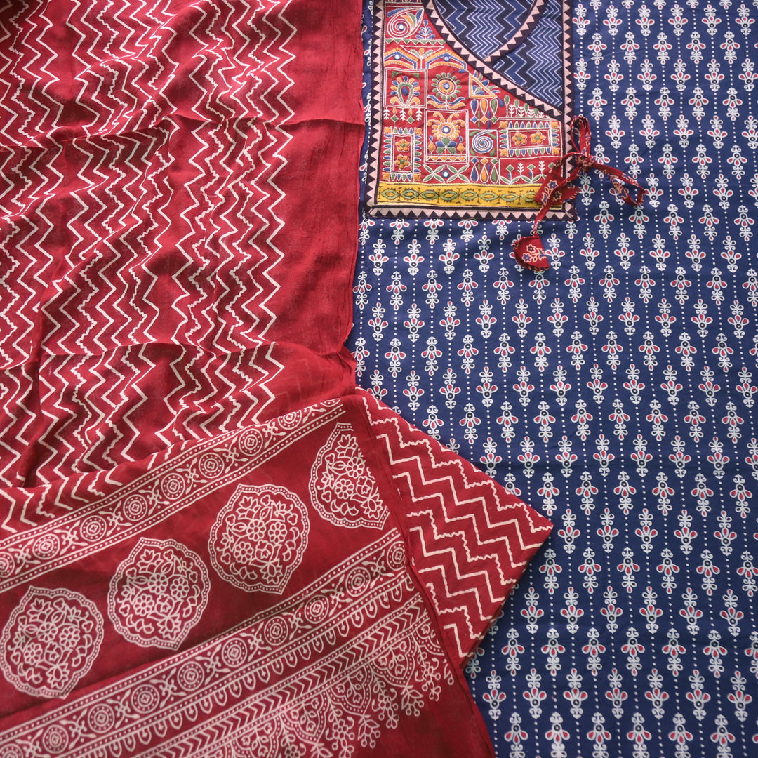 Sajjni Cobalt Blue Angrakha Neck with Kutch Work Ajrak Print Cotton Suit Set