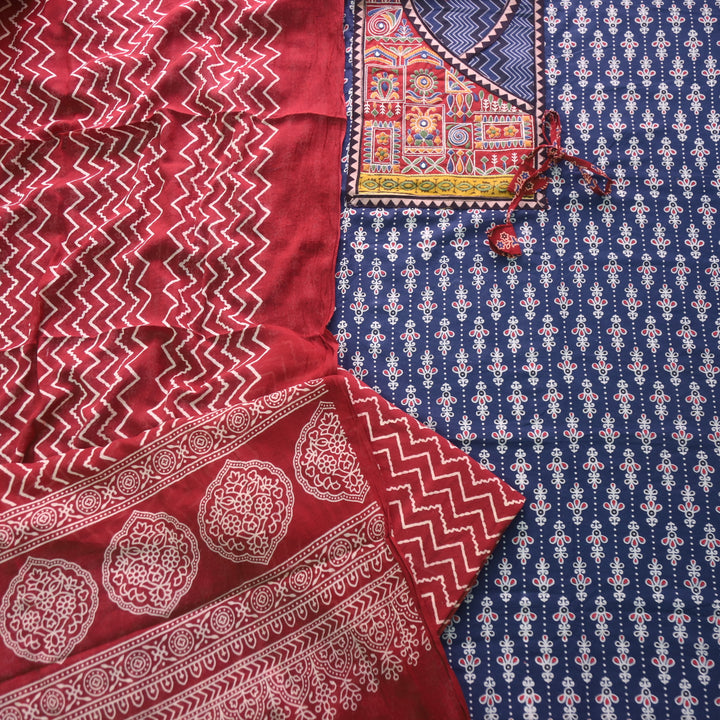 Sajjni Cobalt Blue Angrakha Neck with Kutch Work Ajrak Print Cotton Suit Set