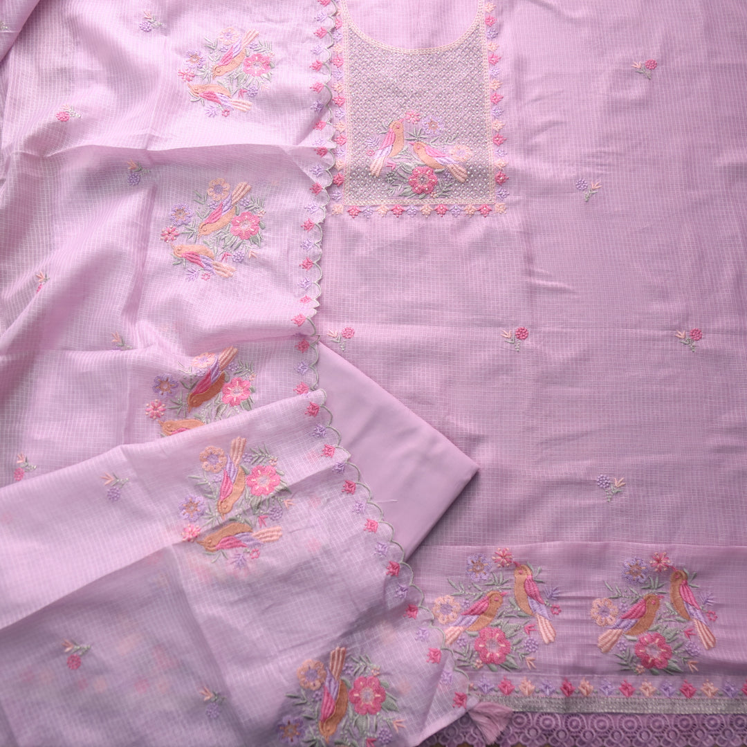 Swamini Pale Lavender Zari Embellish Neck With Moti and Thread Work Kota Doriya Set