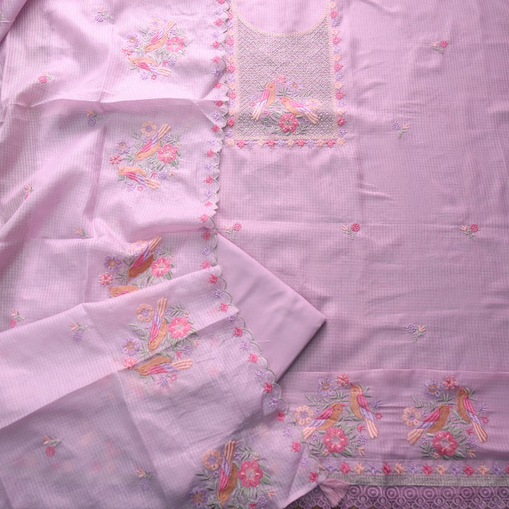 Swamini Pale Lavender Zari Embellish Neck With Moti and Thread Work Kota Doriya Set