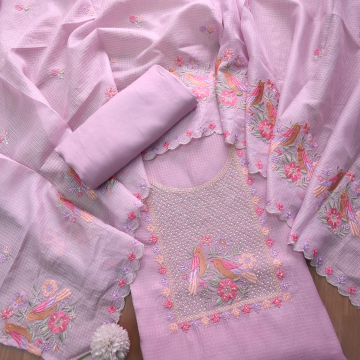 Swamini Pale Lavender Zari Embellish Neck With Moti and Thread Work Kota Doriya Set